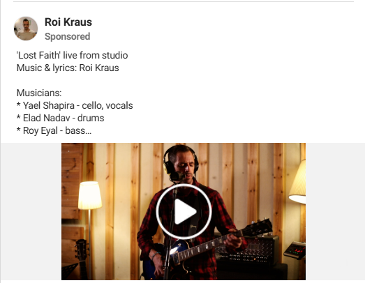 Roi Kraus Instagram ad featuring a sponsored video of a live studio performance of his song "Lost Faith."