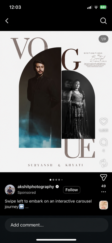 Wedding photographer's Instagram carousel ad opening on a Vogue-style cover of "Suryansh & Khyati": slide 1 of 9 designed to stop the scroll.