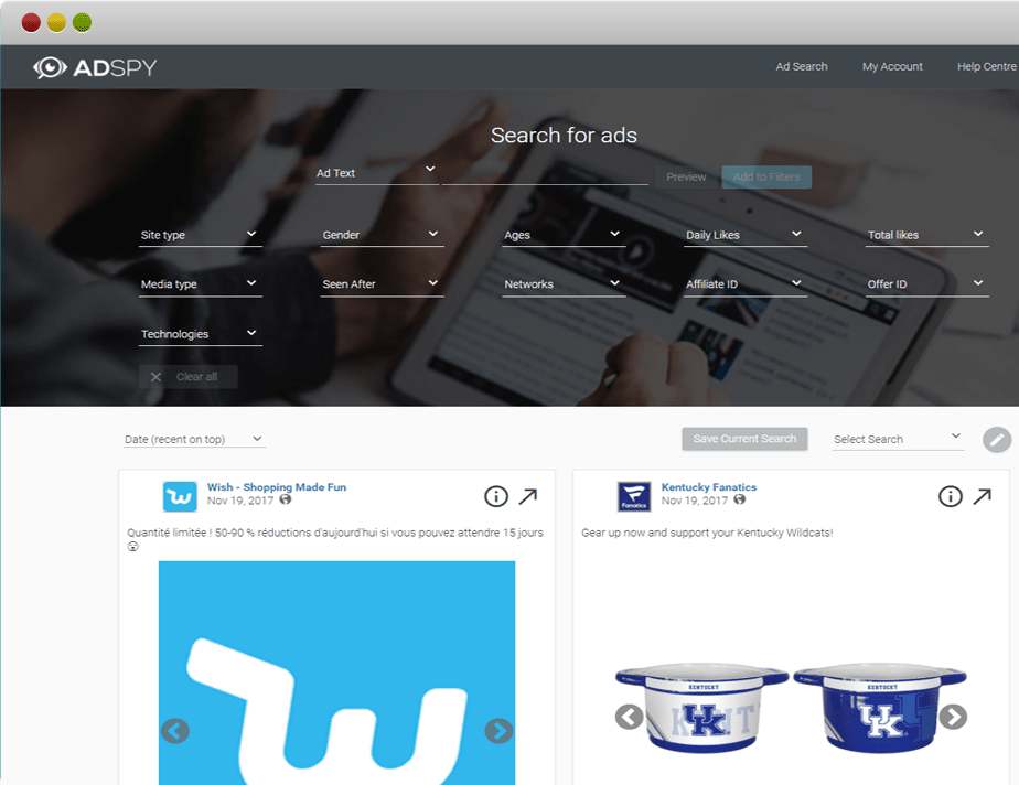 AdSpy's search interface showing filtering options including ad text, gender, age, daily likes, and media type.