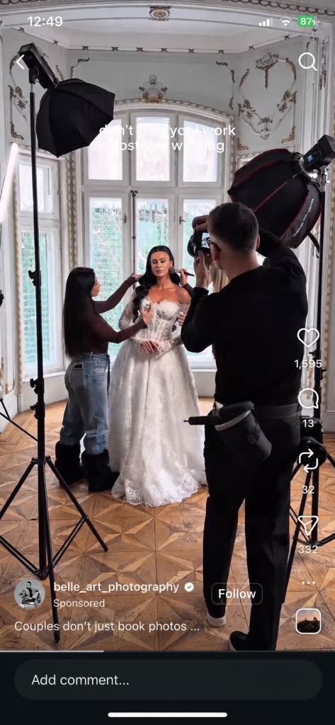 Behind-the-scenes Reels ad by belle_art_photography showing a bride being styled mid-shoot while a photographer captures her, captioned "Couples don't just book photos…"
