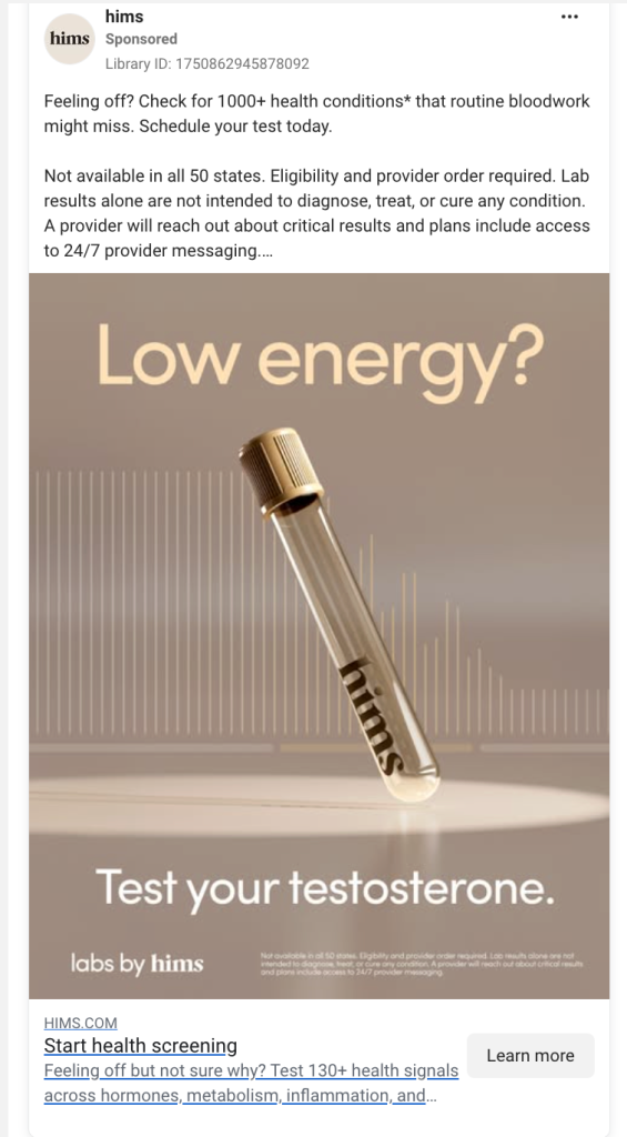 Hims sponsored Instagram ad showing a test tube with the headline "Low energy?" and tagline "Test your testosterone"; a real-world PAS framework example.