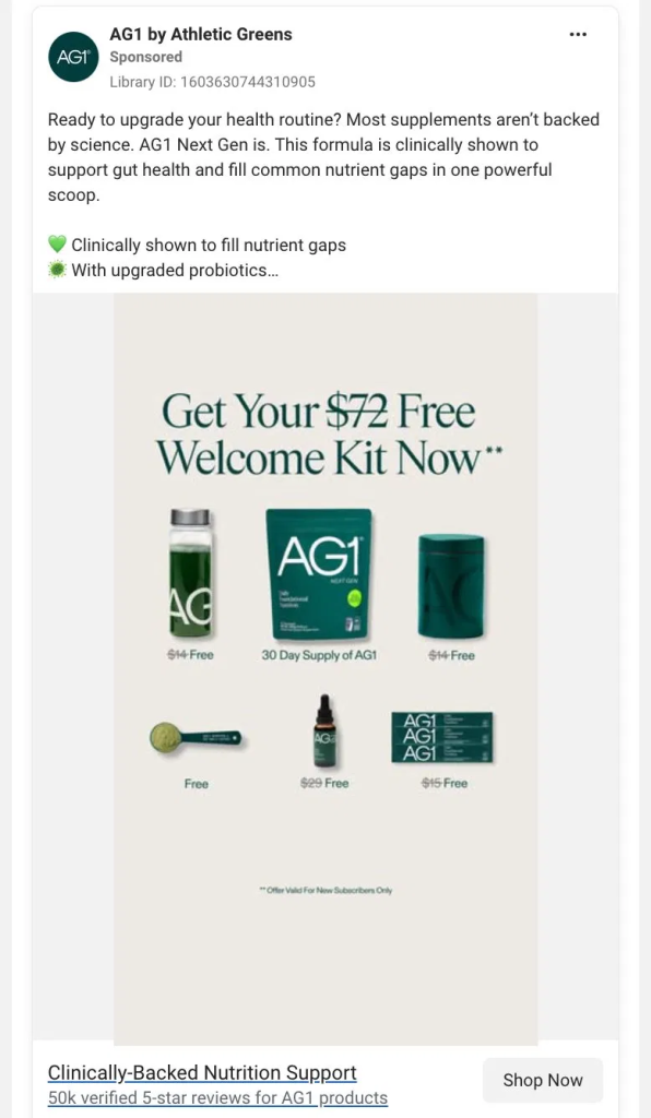 AG1 by Athletic Greens sponsored ad promoting a $72 free welcome kit, with social proof tagline: "50k verified 5-star reviews for AG1 products."