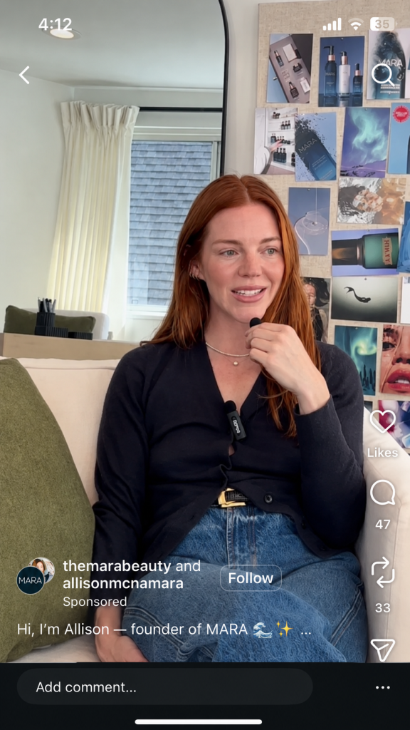 Sponsored Instagram Reel by MARA showing founder Allison speaking casually to camera from a couch, captioned "Hi, I'm Allison — founder of MARA."