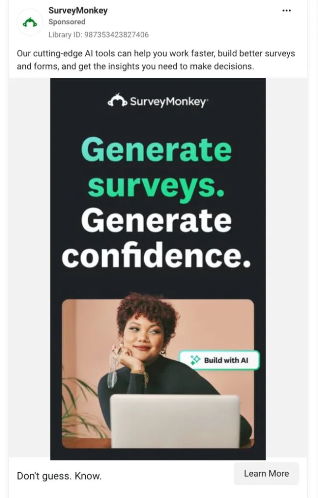 SurveyMonkey Instagram ad using bold green and white typography on black: "Generate surveys. Generate confidence." with a smiling woman at a laptop.