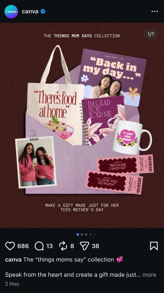 Instagram carousel ad with design templates flying out of an envelope, headlined "THE THINGS MOM SAYS COLLECTION”.