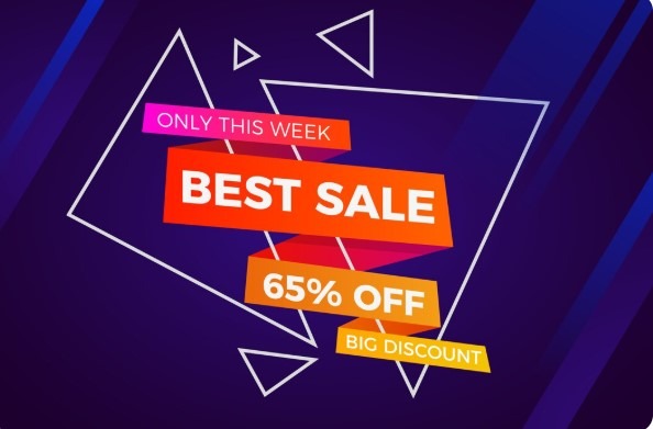Promotional Facebook ad graphic with bold red and orange banners reading Best Sale 65 percent off this week only.