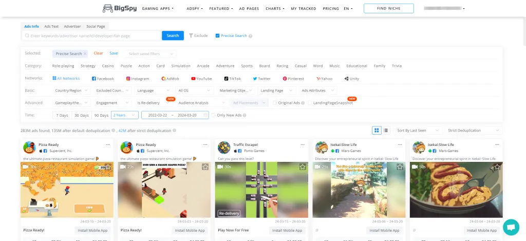 BigSpy's ad intelligence interface showing multi-platform filtering options and ad results.