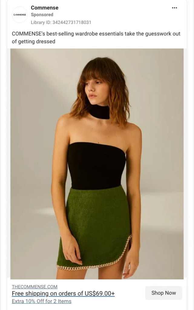 Commense Facebook ad promoting "Free shipping on orders of US$69.00+" with a Shop Now CTA, shown as an example of a threshold discount ad.