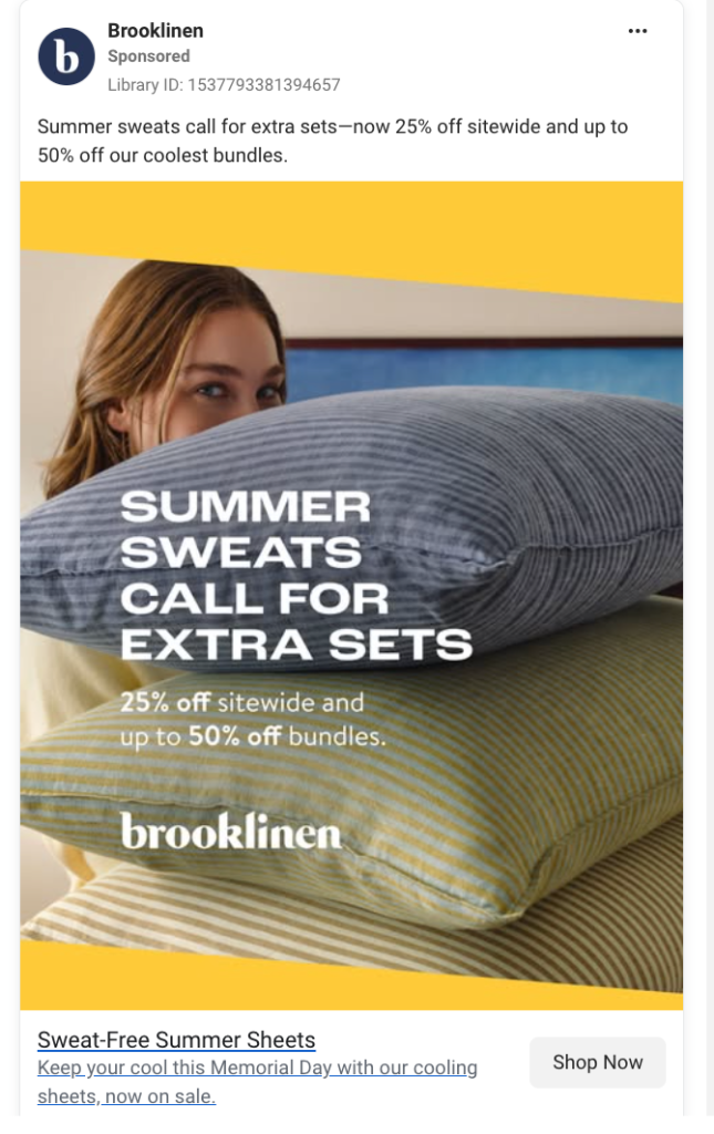 Brooklinen sponsored ad showing stacked blue and green striped pillows with bold white text "Summer Sweats Call For Extra Sets, 25% off sitewide and up to 50% off bundles."