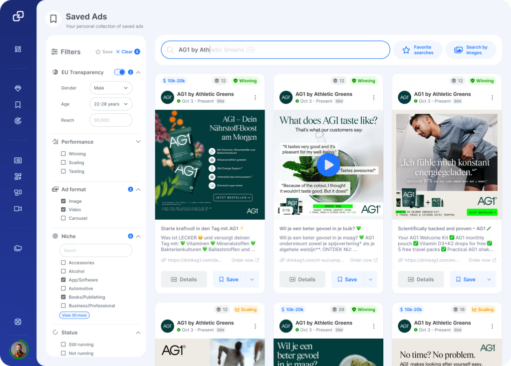 GetHookd Saved Ads dashboard displaying filtered AG1 by Athletic Greens competitor creatives marked as Winning and Scaling for analysis.