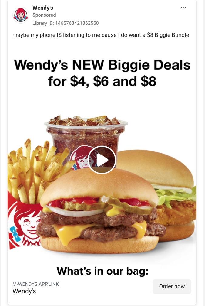 Wendy's bundle ad headlined "Wendy's NEW Biggie Deals for $4, $6 and $8," showing a burger, fries, drink, and chicken sandwich grouped together.