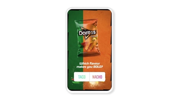 Doritos Instagram poll ad on a split green-orange background asking "Which flavour makes you BOLD?" with TACO and NACHO vote buttons.