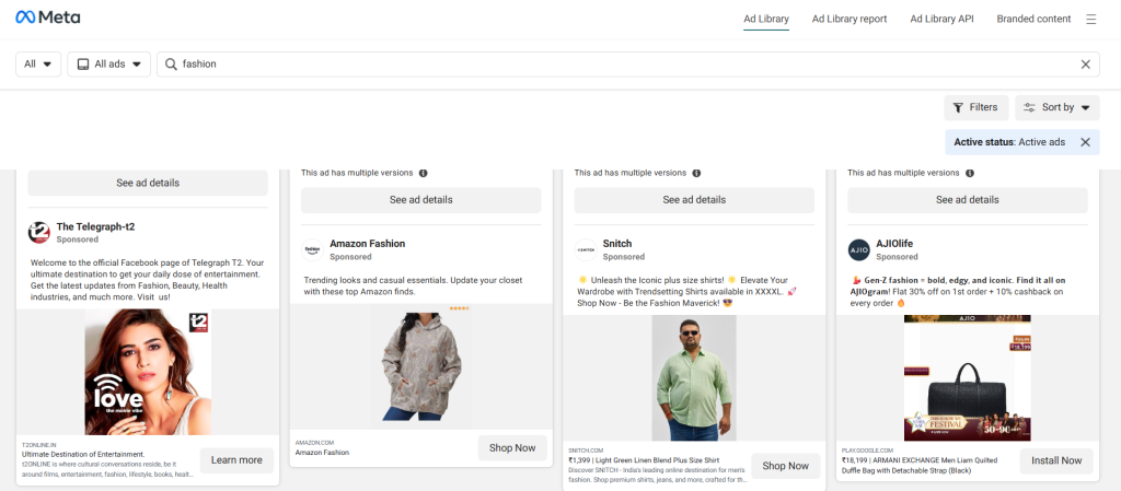 Meta Ad Library interface showing search fashion results with active ads from multiple brands.