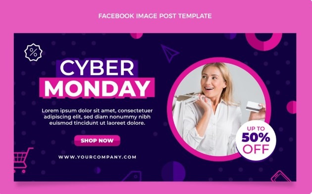 Pink and navy Cyber Monday Facebook image ad template for a digital product sale.