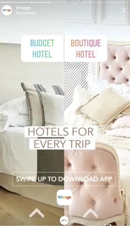 Trivago Story ad with split-screen "Budget Hotel" vs "Boutique Hotel" poll over "Hotels for Every Trip" headline and "Swipe Up to Download App" CTA.