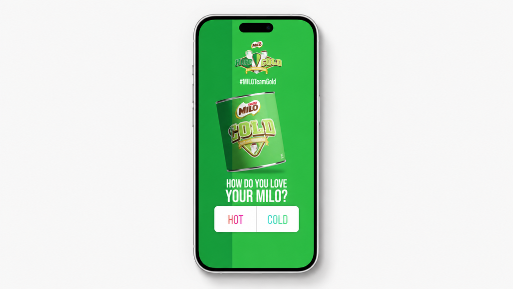 Nestlé Milo's #MILOTeamGold mobile poll asking "HOW DO YOU LOVE YOUR MILO?" with tappable HOT and COLD vote buttons.