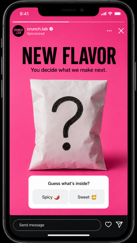 Crunch.lab Instagram Story ad teasing a "NEW FLAVOR" launch with a blank chip bag and a poll asking "Guess what's inside? Spicy or Sweet."