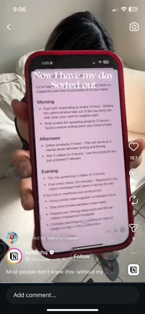 A creator holds up her phone showing a Notion daily planner headed "Now I have my day Sorted out," with Morning and Afternoon task blocks visible.