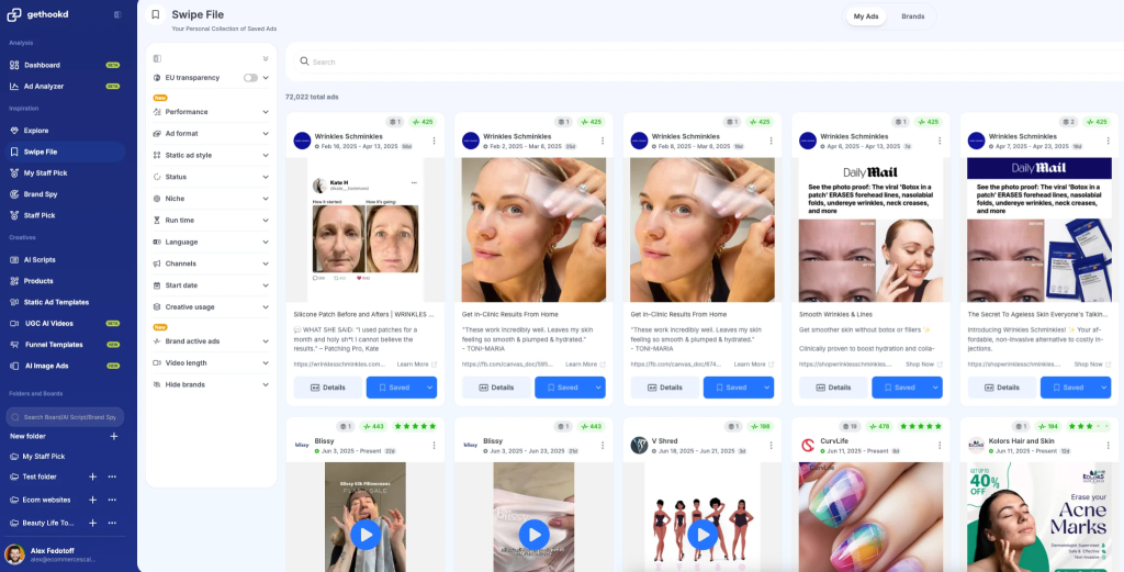 GetHookd's Swipe File feature showing a collection of saved Facebook ads.