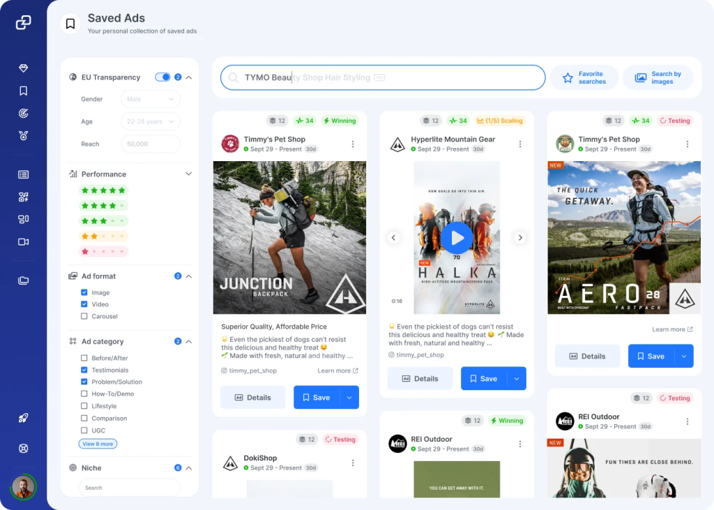GetHookd's Saved Ads dashboard showing competitor Meta campaigns tagged "Winning" and "Scaling" with filters for performance, ad format, and niche.