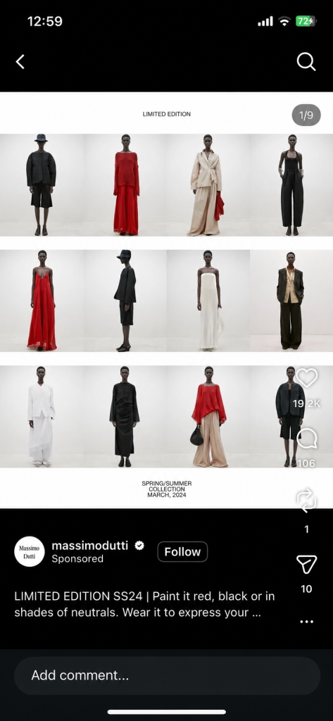Massimo Dutti sponsored Instagram ad with a grid of 12 models in red, black, and neutral looks from the Limited Edition SS24 collection.