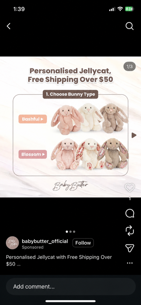 DTC carousel intro card on Instagram: "Personalised Jellycat, Free Shipping Over $50" framing a "1. Choose Bunny Type" selector with Bashful and Blossom bunnies.