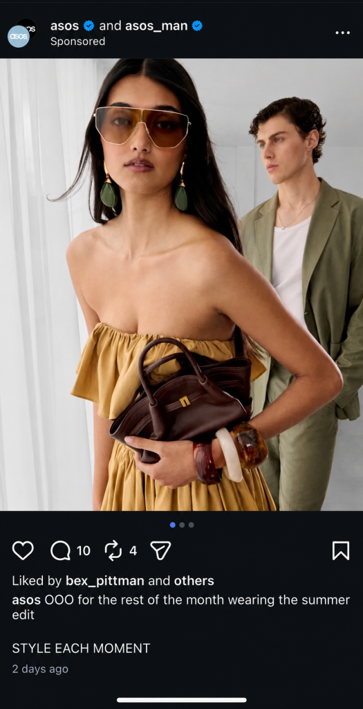 ASOS Instagram carousel post with editorial-style photography of two models in summer outfits; caption reads "STYLE EACH MOMENT."