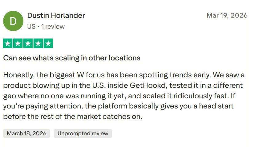 Trustpilot review from Dustin Horlander praising GetHookd's ability to surface scaling trends across locations.