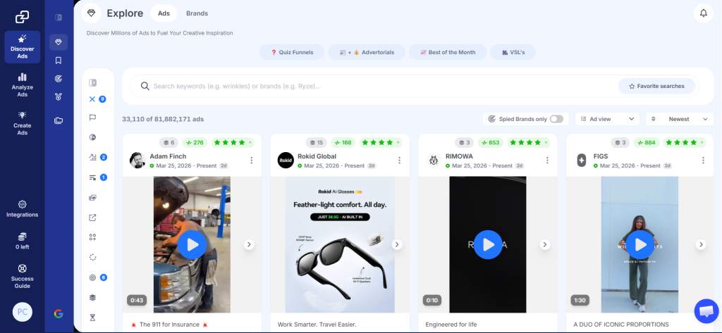 GetHookd's Explore Ads interface showing ads from multiple brands with performance ratings and engagement metrics.