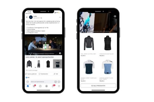 Mobile phone screens displaying a Collection ad with a video cover and a product catalog grid below.