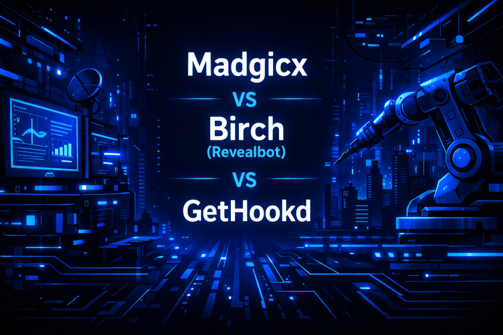 Madgicx vs Birch Revealbot vs GetHookd comparison graphic with AI dashboard screens and robotic arm in a futuristic city setting.