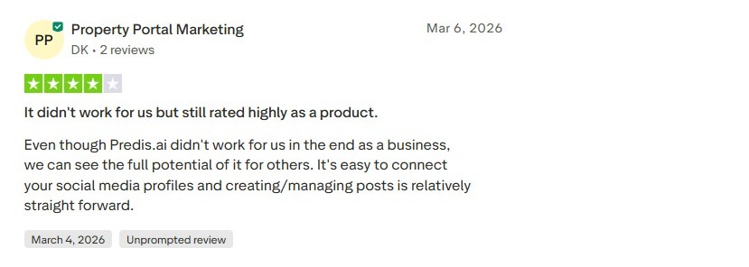 Four-star Trustpilot review acknowledging Predis.ai's potential despite a poor fit.