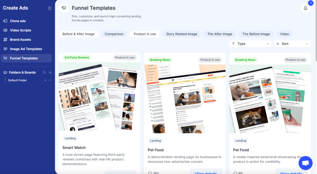 GetHookd's Funnel Templates interface showing landing page templates across categories.