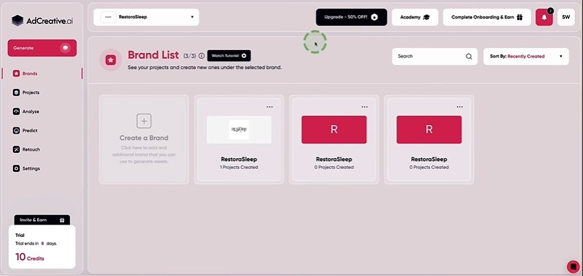 AdCreative.ai Brand List dashboard showing three RestoraSleep brand projects.