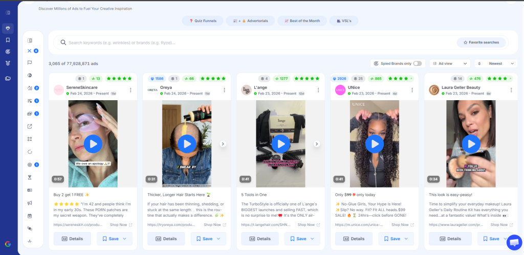 GetHookd's Explore Ads interface showing active ads across multiple brands with performance ratings.