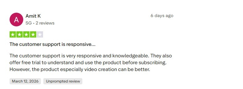 Four-star Trustpilot review from Amit K praising responsive customer support.