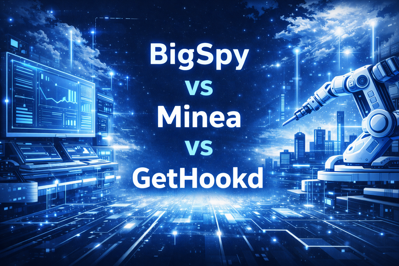 BigSpy vs Minea vs GetHookd comparison graphic with analytics dashboards and robotic arm in a futuristic digital city.