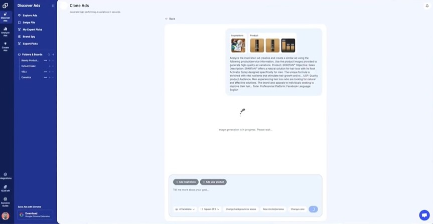 GetHookd Ads dashboard is generating AI variations of a haircare product ad.