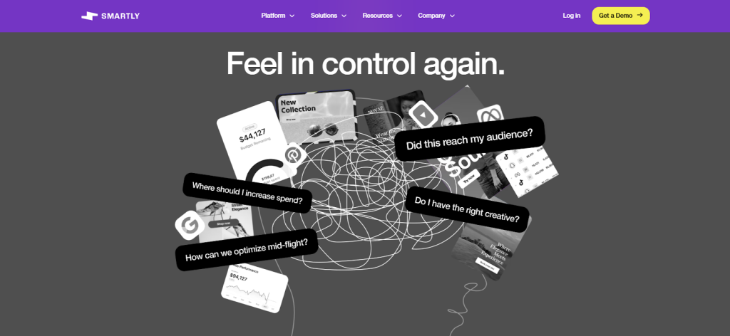Smartly.io's homepage showing its cross-channel ad management positioning.