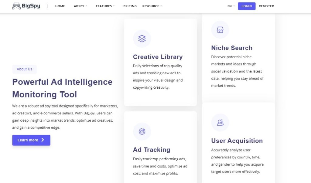 BigSpy homepage showing Creative Library, Ad Tracking, and Niche Search features.