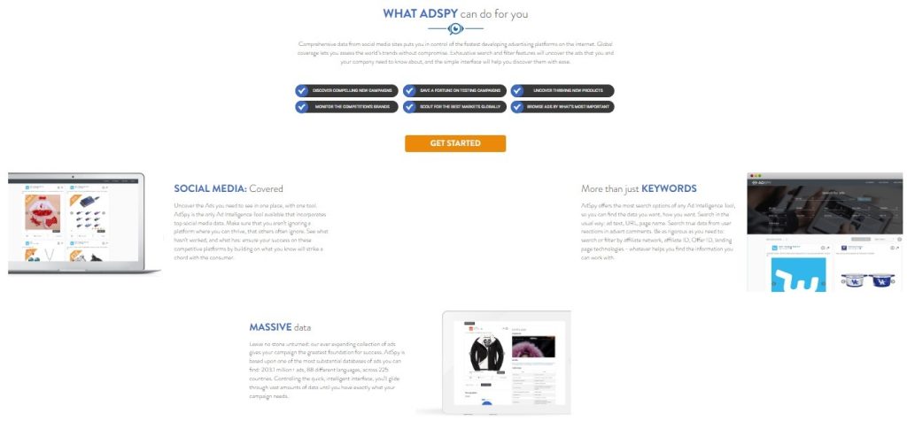 AdSpy website highlighting its social media coverage and keyword search features.