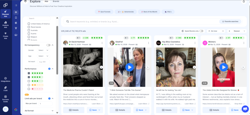 GetHookd's Explore Ads interface showing performance filters and ad results.