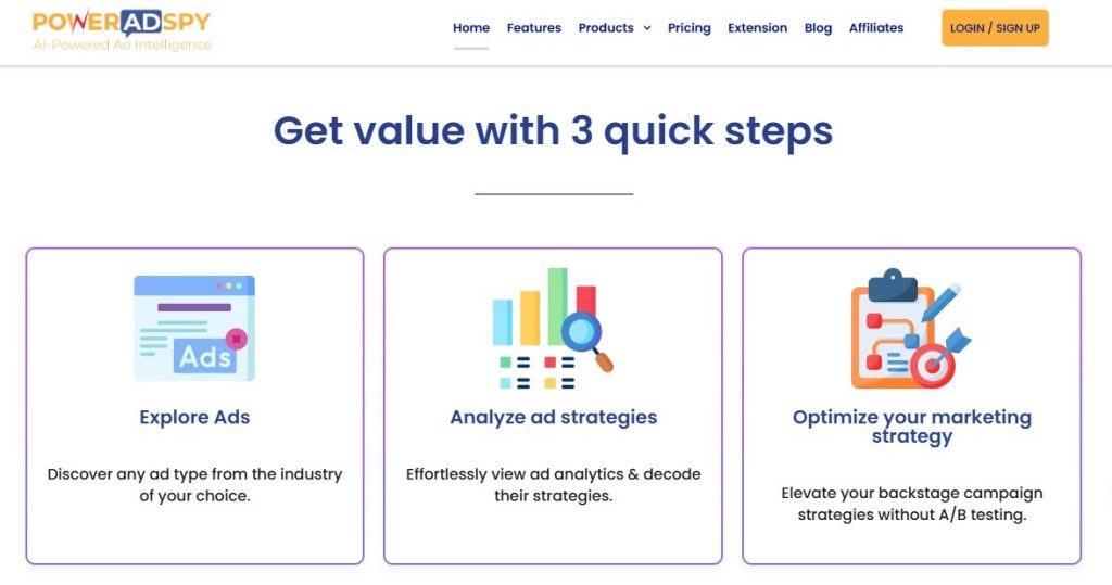 PowerAdSpy landing page showing its three-step workflow for ad analysis.