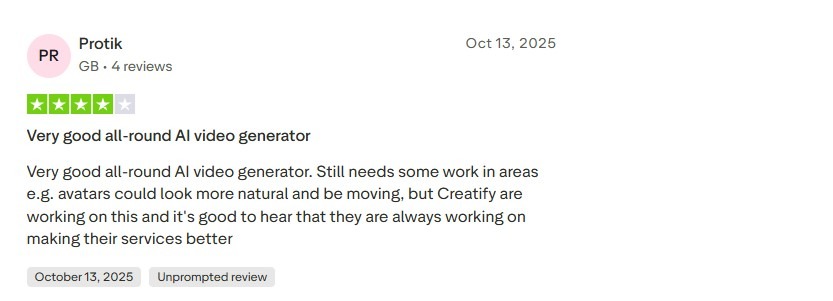 Trustpilot review from Protik rating Creatify 4 out of 5 stars, dated October 13, 2025.