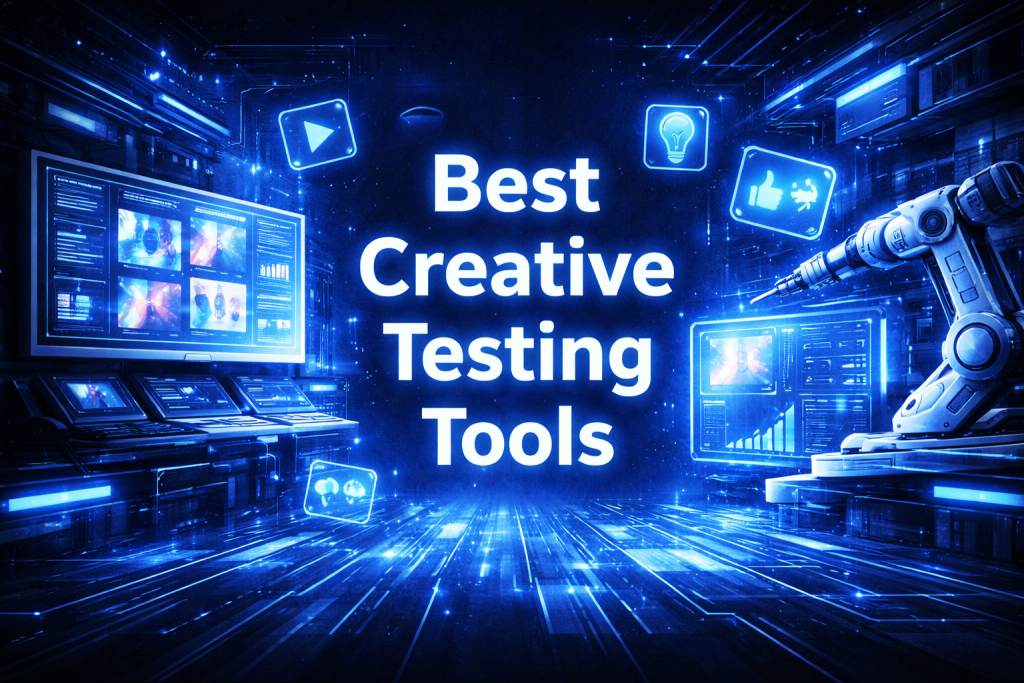 Best creative testing tools graphic with analytics dashboards, video icons, and robotic arm in a futuristic digital workspace.