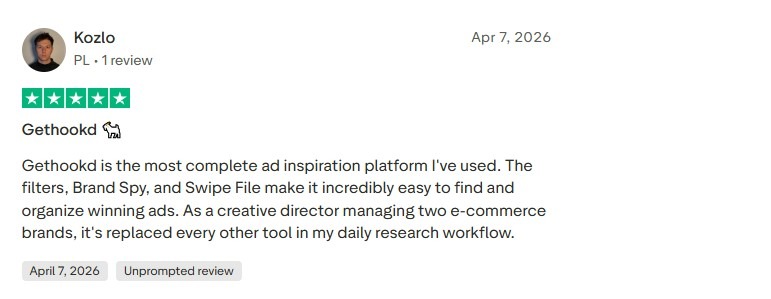 Trustpilot review from Kozlo rating GetHookd 5 out of 5 stars, dated April 7, 2026.