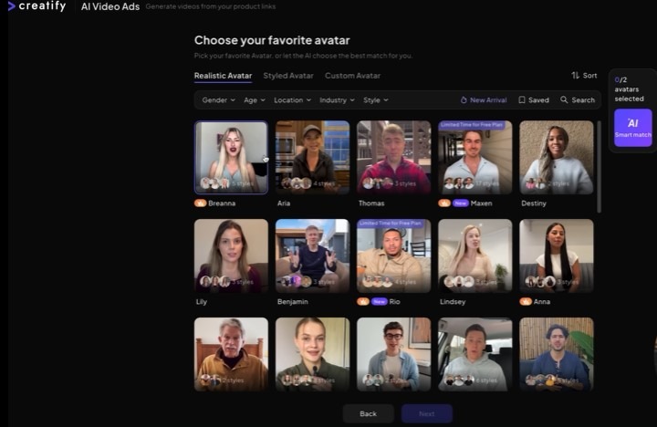 Creatify AI Video Ads interface displaying a gallery of realistic AI avatars to choose from for video creation.