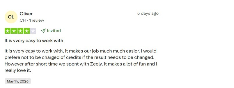 Trustpilot review from Oliver rating Zeely 4 out of 5 stars, dated May 14, 2026.