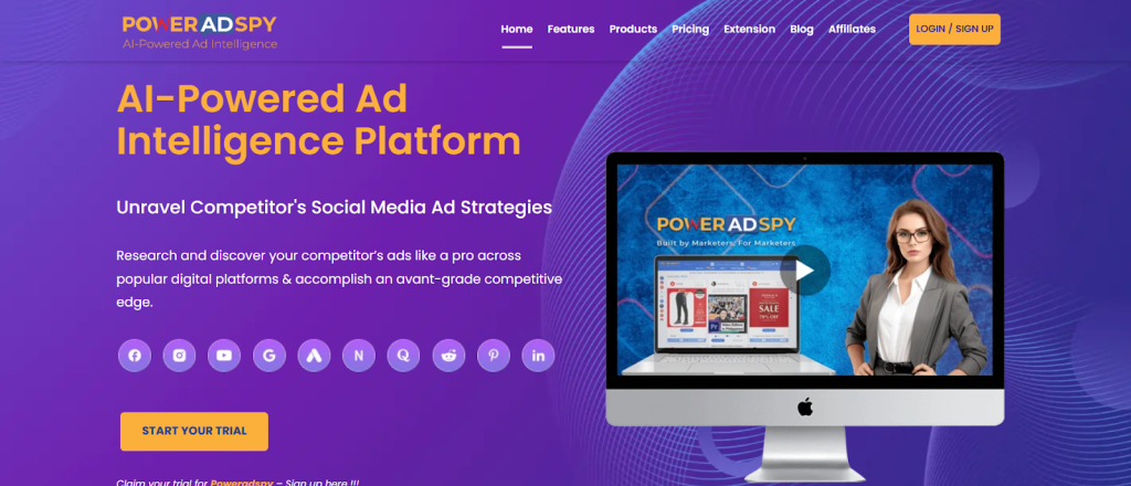Screenshot of PowerAdSpy's homepage showing its multi-platform ad intelligence coverage.