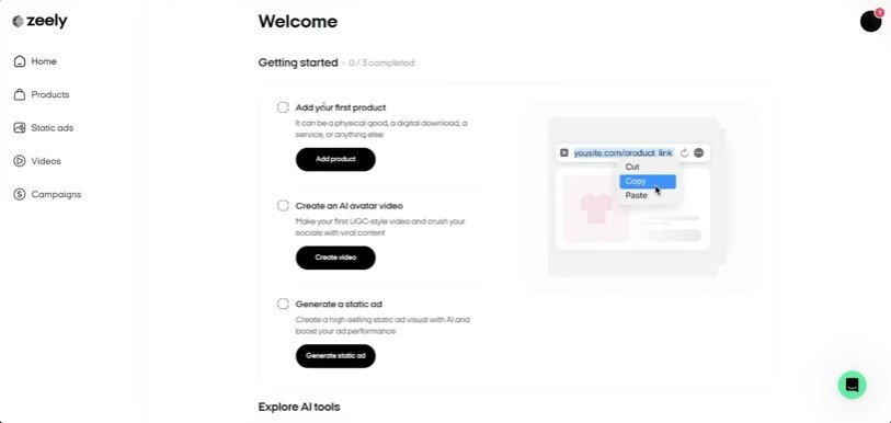 Zeely dashboard showing the Welcome page with options to add a product, create an AI avatar video, and generate a static ad.